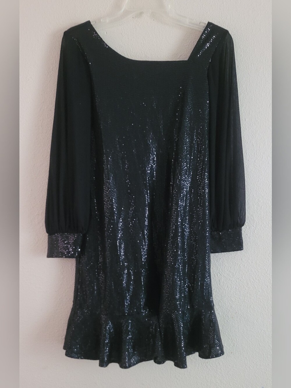 Bonnie Jean Black Sequin Long Sleeve Ruffle-Hem Dress